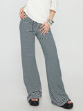 MQTIME  -  Ladies Striped Flare Trousers with Elastic Waistband Stylish Straight Leg Bell Bottom Pants for Casual Wear Long and