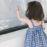 MQTIME  -  Girls Korean Blue Plaid Dress Summer New Cotton And Linen Children's Cute Bow Tie Sleeveless Halter Suspenders Dresses