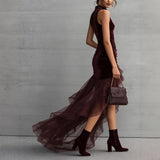 MQTIME  -  Seasonal Hot Selling Velvet High Neck Sleeveless Slim Fit Irregular Hem Chiffon Trailing Dress