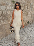 MQTIME  -  Elegant Solid Fringe Women Skirt Suits O-neck Sleeveless Vest High Waist Wrap Hip Skirts 2024 Summer New Fashion Female Sets