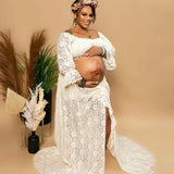 MQTIME  -  Sexy Boho Maternity Photography Props Dress Hollow Lace Two Piece Set Split Dress  Pregnant Dress Baby Shower Dress