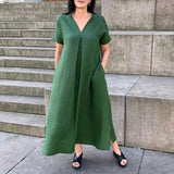 MQTIME  -  Women 2025 Patchwork Loose Office Dress Elegant Short Sleeve Pocket Long Dress Simple Solid Cotton Linen V-Neck Pullover Dress