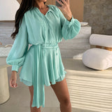 MQTIME  -  Women Temperament Lantern Sleeve Cocktail Club Dress Elegant Lady Belt Mini Party Dress 2025 Show Style Solid Color Ruffle Dress