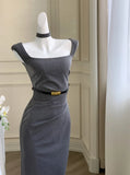 MQTIME  -  Summer New Korean Elegant Sex Appeal Dresses Simple Solid Color Evening Party Prom Vestidos Women Chic One Piece Clothing