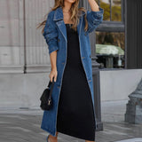 MQTIME  -  Women's Vintage Deep Blue Midi Long Jean Jacket Spring New Loose Fit Double Breasted Denim Jacket Trench Coat With Belts