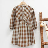  MQTIME  -  Retro Cotton And Linen Long-Sleeved Plaid Dress Girls 2026 Spring New Chic Back Lace-up Loose Pleated Children's Dresses