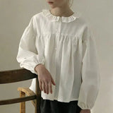 MQTIME  -  Girls' Cotton And Linen Doll Collar Cardigan White Shirt Spring New Bubble Sleeves Loose Cute Girl Long Sleeved Tops