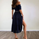 MQTIME  -  Solid Color Off Shoulder Pleated Women's Long Dress Summer Simple Short Sleeved High Waist Dress Beach Hollow Out Loose Dresses