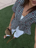 MQTIME  -  Deep V Neck Puff Short Sleeve Shirt Women Black White Plaid Cherry Embroidery Chiffon Crop Blouse  Ladies Holiday Outfit New
