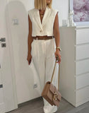 MQTIME  -  Autum Women's European And American Style Flip-up Short Vest Casual Pants Street Style Fashionable Elegant Suit