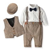MQTIME  -  Baby Boy Formal Suit  Party Birthday Wedding Toddler Boys Outfit  Jumpsuit+Waistcoat+Beret+Bowtie+Suspender 0-3 Months