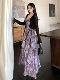 MQTIME  -  Spring New Women French Sleeveless Retro Camisole Dress Irregular Mesh Printed Dress Slim Ruffles Long Fairy Dress