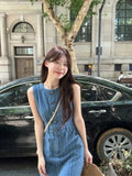 MQTIME  -  Summer Long denim Dress Women's Korean V-neck Sleeveless Stripe Printed High Waist A-line Dress