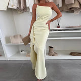 MQTIME  -  Fashion Diagonal Collar Slim Banquet Dress Female 2025 Solid Ruffle High Slit Evening Dress Elegant Wrap Hips High Waist Dress