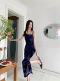 MQTIME  -  Retro Floral Dress For Women'S Summer, New High-End Purple Elegant Slim Fit Patchwork Suspender Long Skirt