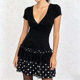 MQTIME  -  Women Dot Print Summer Dress Slim Deep V Neck Short Sleeve A-line Mini Layered Ruffle Dresses