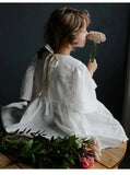  MQTIME  -  Summer Retro Linen Loose Flared Sleeve Dress Girls New Solid Color Cotton And Linen Casual Back Bow Tie Princess Dresses