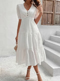MQTIME  -  New Lace White Dress V Neck Button Up Midi Length Elegant Dress Hollow Out High Waist Party Vestidos Summer Dresses