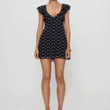 MQTIME  -  Luxury Women Casual Dot Print Short Dress Lace Slim V Neck Flying Sleeve A-line Mini Dress for Daily Party Club