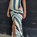 MQTIME  -  Striped Patchwork Ruched Bodycon Vacation Beach Maxi Dress Women Sexy Strapless Hollow Out Peach Hip Split Party Long Robe