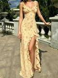  MQTIME  -  Summer Flower Print French Temperament Irregular Hem V Neck Sleeveless High Waist Dresses