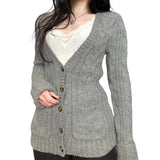 MQTIME  -  Women Knitting Cardigan Women's Retro Cardigan V Neck Cable Knit Sweet & Spicy Preppy Lazy Vibe Buttoned Pocket Sweater