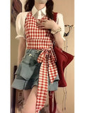 MQTIME  -  Fashion Sweet Puff Sleeve White Blouse Y2k Aesthetic Constrast Color Plaid Bow Camisole Streetwear Summer Korean Girl Skirts