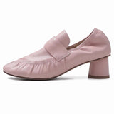 MQTIME  -  New Retro Pleated Round Toe Deep Mouth Single Shoes for Women Simple Slip on High Heel Loafers Soft Commuter Leather Shoes Daily