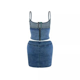 MQTIME  - Women Fashion Buckle Denim Two Piece Set Sexy Spaghetti Straps Hollow Out Camisole Crop Tops Bodycon Mini Skirts Jeans Suits