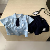  MQTIME  -  Boys' Suit Spring and Summer New Children's Wear Korean Boy Baby Cartoon Cloud Tie Shirt Shorts Two-piece Set Simple