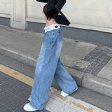 Mqtime Korean Letter Printed Loose Y2K Casual Jeans Women Spring New High Waist Flap Fashion All-match Wide Leg Pants