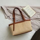  MQTIME  -  Women's Khaki Straw Weave Leather Patchwork Tote Bag Vacation Casual Aesthetic Beach Daily Shoulder Handbag Summer Trend