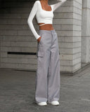  MQTIME  -  Autumn Women's Elastic Waist Low Waist Wide Leg Cargo Trousers Straight Khaki Long Casual Pants Female Fashion Streetwear Capris