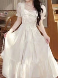 MQTIME  -  Women Dresses Square Collar Bow Bandage Ribbon Puff Short Sleeve Bow Princess Sweet Elegant Female Dress Casual