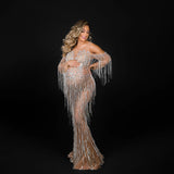 Mqtime Luxury Pregnancy Dress for Photo Shoot Off Shoulder Beading Tassel Mesh Maternity Dress Mermaid Champagne Maternity Gowns
