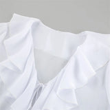 MQTIME  -  Elegant French Style Ruffle Chiffon Blouses Woman's Fashion Deep V Neck Long Sleeve Slim Tops Summer Beach Party Wear