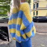 MQTIME  -  Autumn Winter New O Collar Knitted Pullover Fashion Stripe Contrast Printed Sweater Casual Lantern Sleeve Loose Jumper For Women