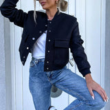 Mqtime Autumn Women Ribbed Neckline Slim Jackets Casual High Street Woolen Baseball Uniform Coats Fashion Office Lady Button Outerwear