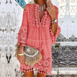MQTIME  -  Beach Boho White Lace Fashion Eu Mini Dress Women Autumn Pop Tassel Loose V Neck Dresses Lady Female Clothing