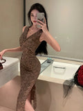 MQTIME  -  Summer Women Sequined Tank Dress New Sexy V Neck Sleeveless Printed Slim Fit Bodycon Evening Party Long Dress Robe