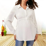 Mqtime Spring Summer Women's Fashionable Solid Color V-neck Comfortable Long-sleeved High-waisted Casual Breathable Pregnant Shirt