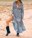 MQTIME  -  Boho Dress Long-sleeved Blue Printing Maxi Dress V Neck Loose Fit Holiday Vestidos Hippie Mujer Robe Chic Beach Dress