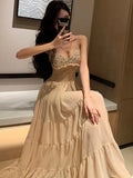 MQTIME  -  Summer Chiffion Patchwork Sequins V-Neck Sexy Sling Long Dress Women Elegant Luxury Dress Gown 2024 Korean Vintage Evening Dress