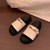 MQTIME  -  Women's Black PU Flat Sandals Comfortable Summer Beach Shoes Casual Euro-American Style Metal Buckle