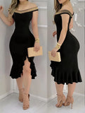 MQTIME  -  Spring Women's Clothing Off Shoulder Ruffle Beaded Slim Fit Dress For Woman Elegant Casual Midi Bodycon Polyester Knit Fabric