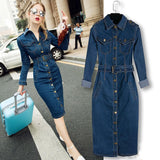 MQTIME  -  Fashion Long Denim Dress Women Elegant Deep Blue Single Breasted Bodycon Jeans Dress Female Casual Streetwear Mid-Carf Dress