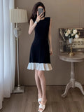 MQTIME  -  Spring New Women's Dress Black White Color Blocking Sleeveless Knit Dress Casual Round Neck Slim Fit A-line Skirt