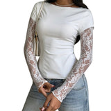 MQTIME  -  Fashion White Lace Patchwork Tops Women O-Neck Fake Two-Piece Long Sleeves Casual Daily Date Commute T-shirts Spring