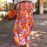 MQTIME  -  Women Elegant Floral Print Pleated Long Skirts Summer Fashion Elastic Waist Loose Chiffon Skirts Casual Ruffled Bohe Party Skirt