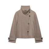 MQTIME  -  Women Stand Collar Short Coat Solid Asymmetrical Button Long Sleeve Cropped Jacket Minimalist Autumn Winter Chic Streetwear